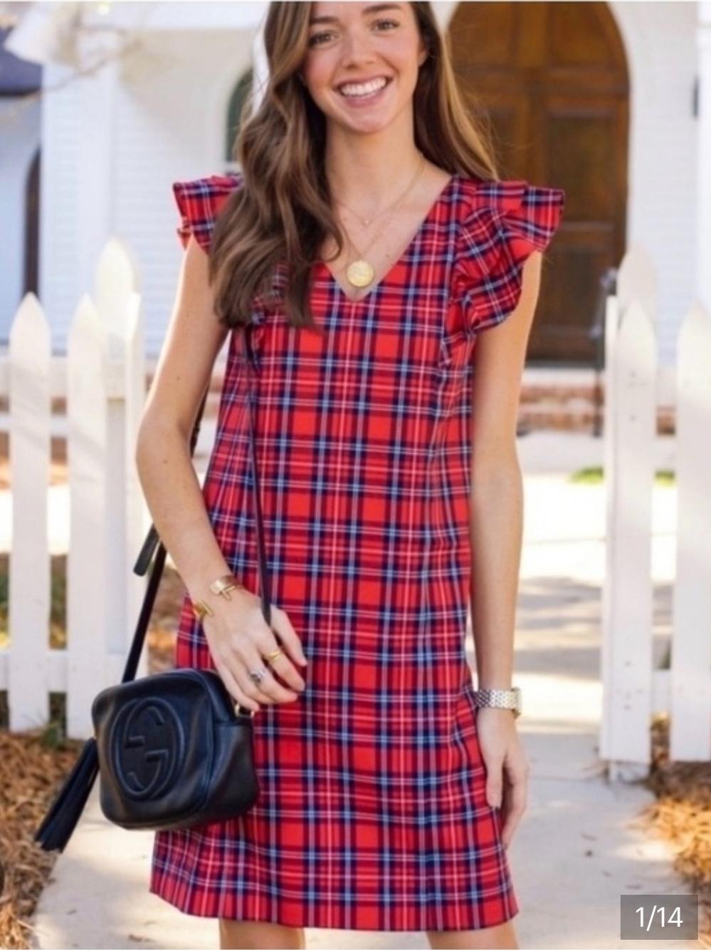 Draper James Red Plaid Ruffle-Sleeve Dress - Size 14